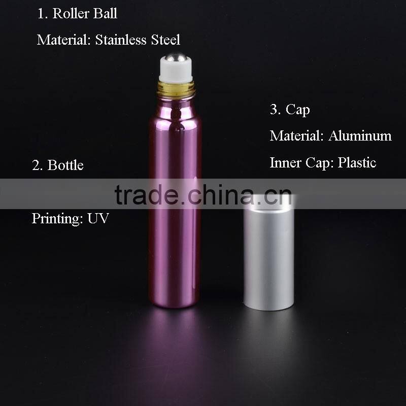 Wholesale 10ml refillable UV gel colored roll on perfume bottle, tube glass bottle, essential oil roll on glass bottles