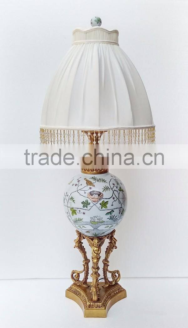 Noble Blue & White Painting Ceramic Table Lamp With Shade, Decorative Porcelain Desk Lamp With Bronze Triangle Based