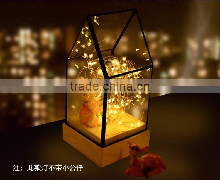 Decorative Glass House Design Night Light, Wooden DIY Fireworks Silver Flower Beautiful Bedding Room Warm Light