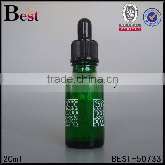 essencial oil glass bottel 20ml oil glass bottle green round shape beard oil glass bottle with black plastic dropper