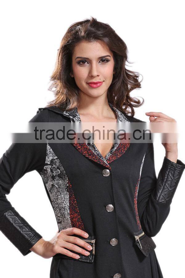 2014 Hot Sale Ladies Black Lapel Buttons Front Jacket With Leather Insert