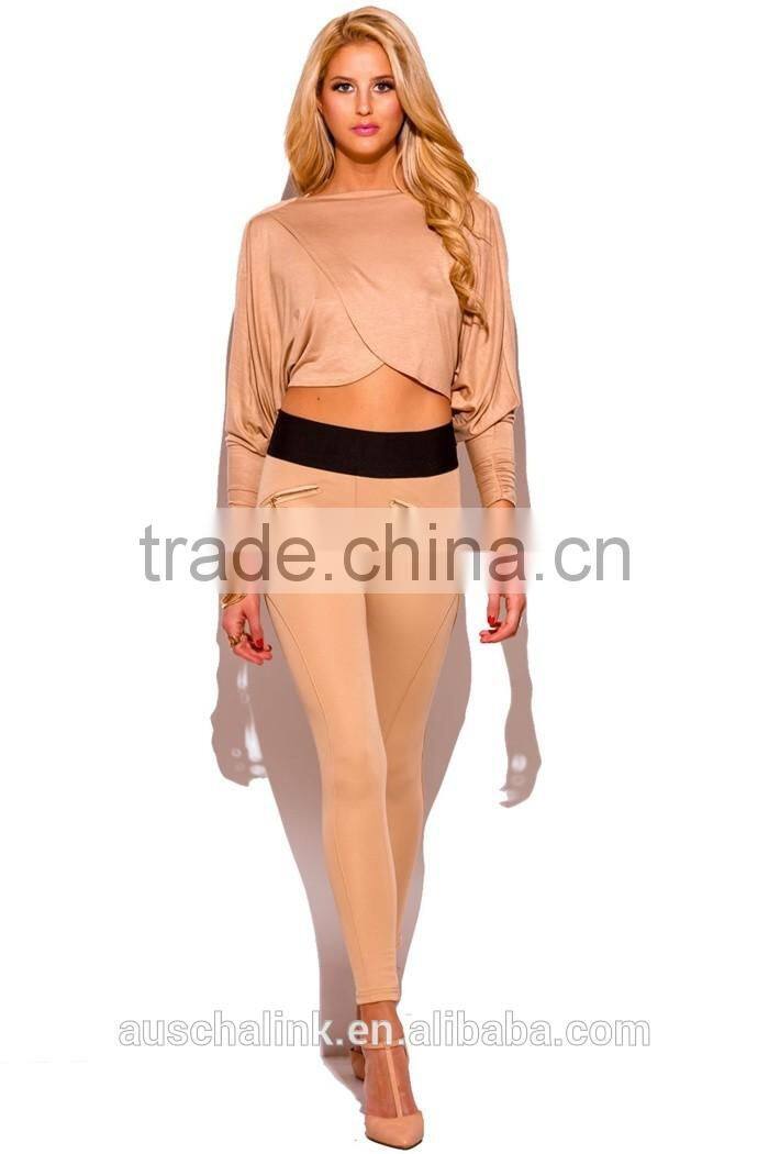 lady khaki beige banded high waisted skinny pants