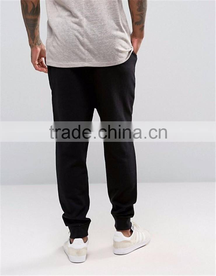 Plain Black 100 Cotton Men Drawstring Drop Crotch Joggers With Side Pockets Sport Pants