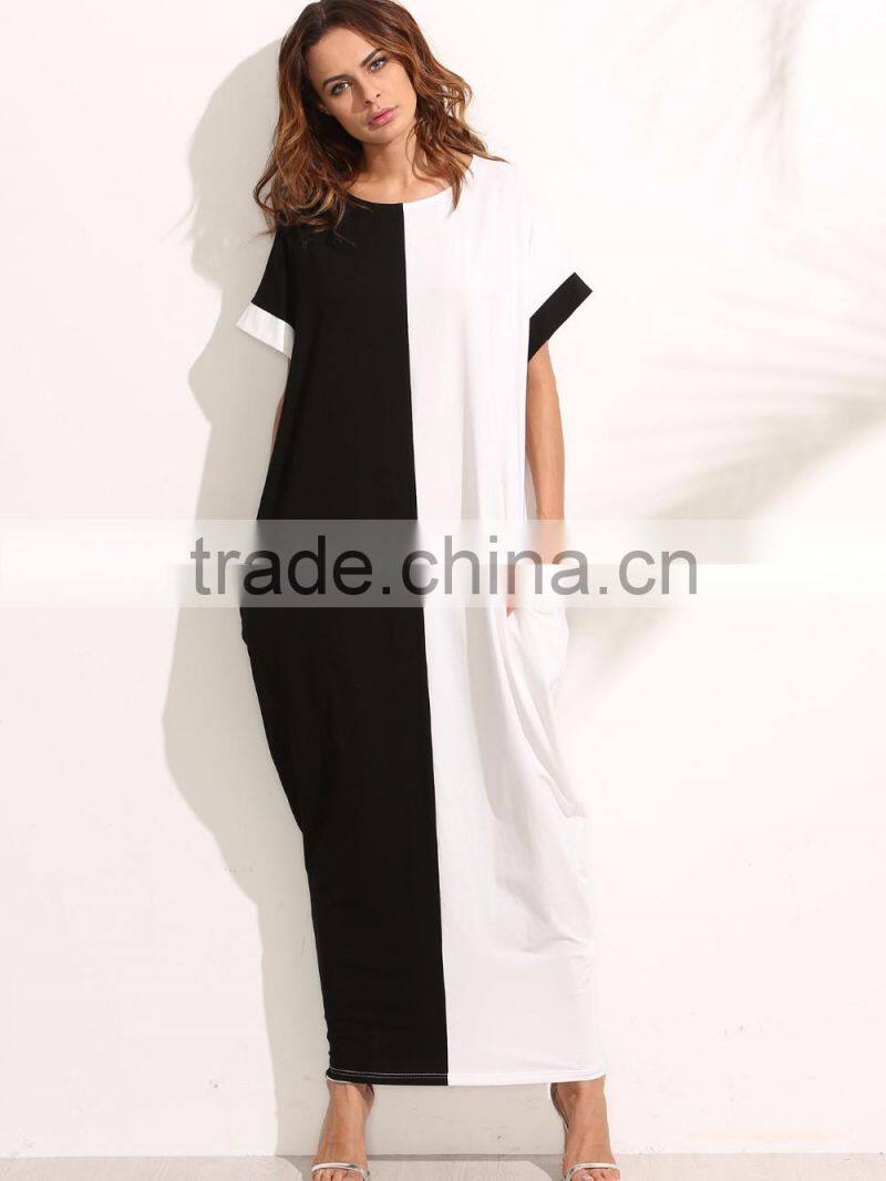 Colorblock Pocket Short Sleeve Maxi Dress 100% Cotton Two Color Contrast Sewing Casual Tee Dress
