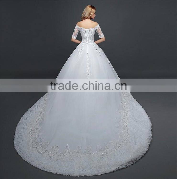 MGOO Off Shoulder Short Sleeve Shinny Beaded Lace Hem A-line Floor Length Wedding Dress Crisscross Back