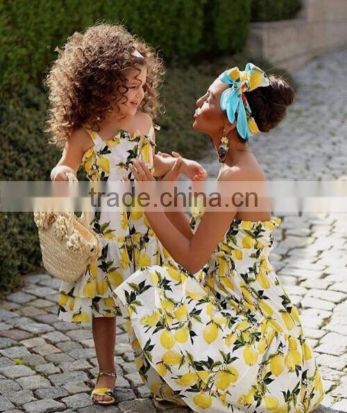2017 summer boutique mommy and me clothing sleeveless lemon printing mother daughter matching dress