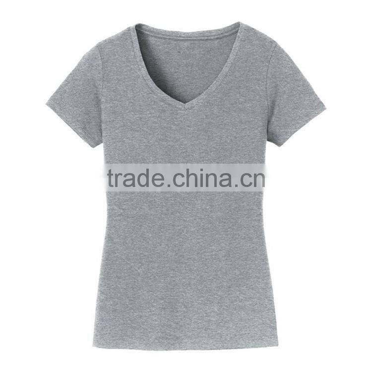 Fancy design plain color wholesale blank fitted v-neck lady t-shirt