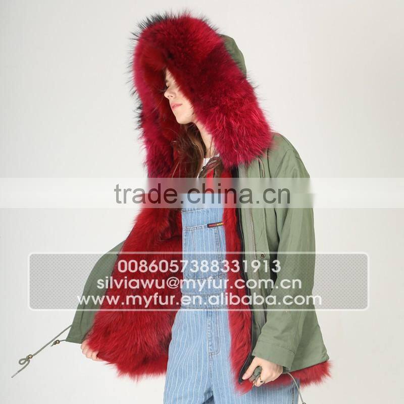 Myfur Fashion Army Green Parka with Fox Fur Lining And Big Size Raccoon Fur Hooded Parka
