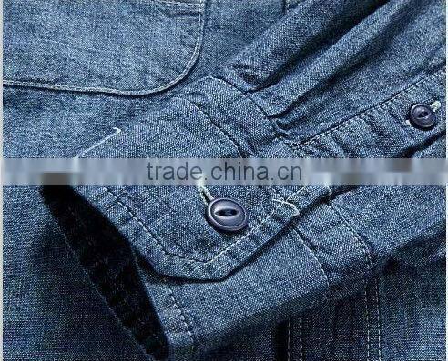 100% cotton dark blue washed cowboy long sleeve casual shirts for men with two pockets