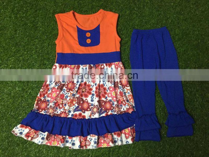 China suppliers Halloween children outfits ruffle sets dress and pants 2 orange buttons summer clothes