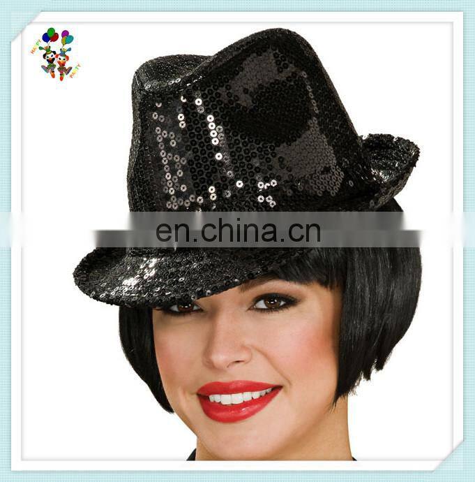 Ladies Burlesque Fancy Dress Party Black Sequin Fedora Hats HPC-0242