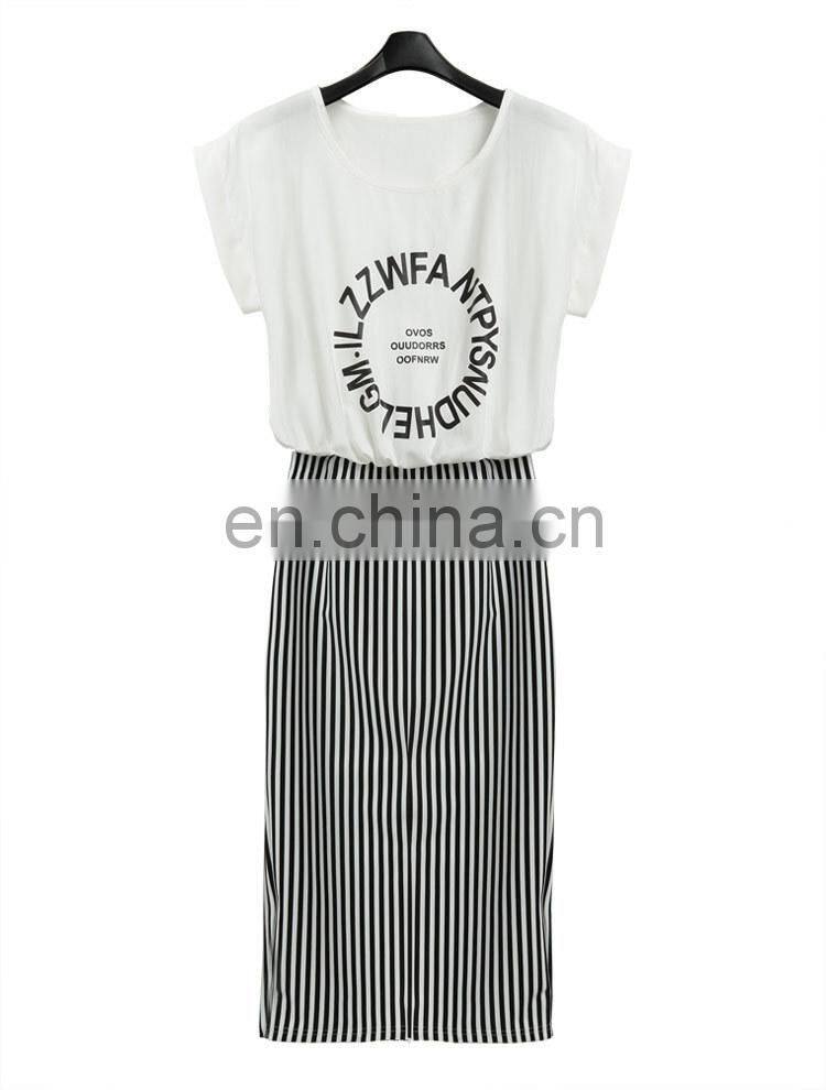 Classic black white stripes round neck knitting preppy style maxi dress