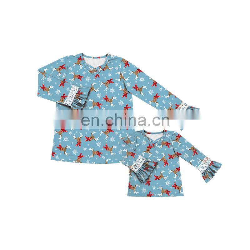 New Arrival Leopard Printed Flutter Sleeve Girls Top V-Neck Design Girls Long Top Sweet Popular Mommy And Me Outfits
