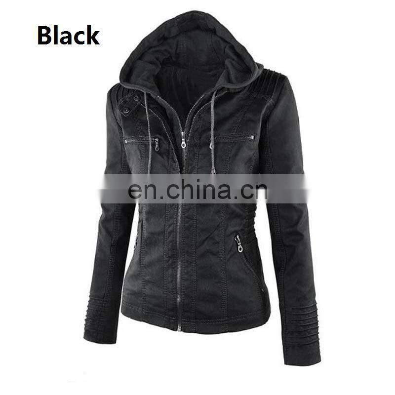 Customized wholesale Plus size women's detachable hooded leather jacket coat top motorcycle jacket PU pilot motorcycle suit