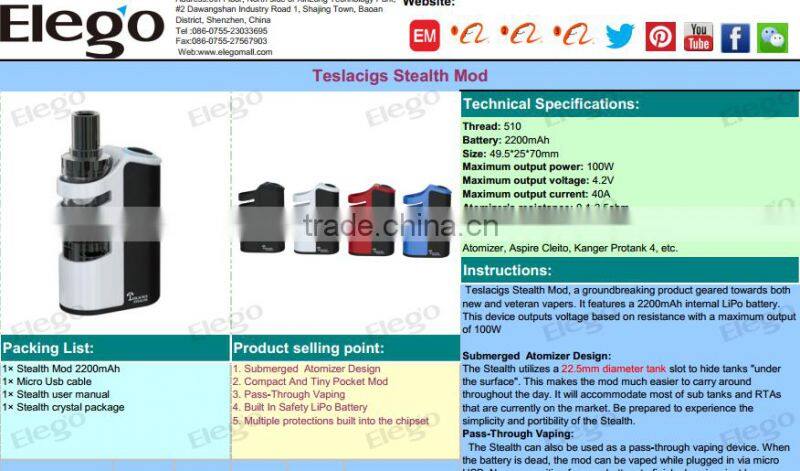 2016 Latest Submerged Atomizer Tesla Stealth Mod, 100W Tesla Stealth