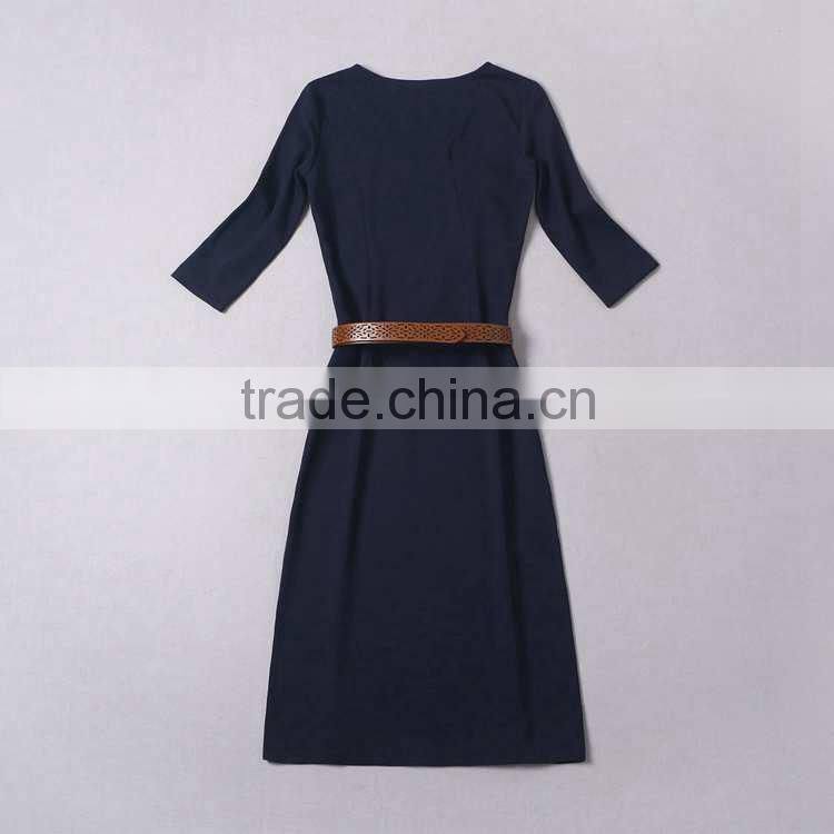 2014 Early autumn designer brief style dress V-neck 3/4 sleeve mid-calf cotton bodycon women casual dresses with belt W18271