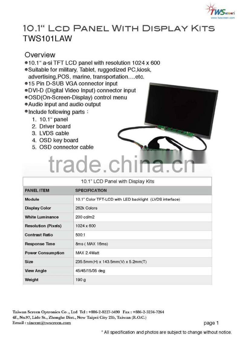 Ready to use Display panel kits with 10.1" Lcd Screen Module