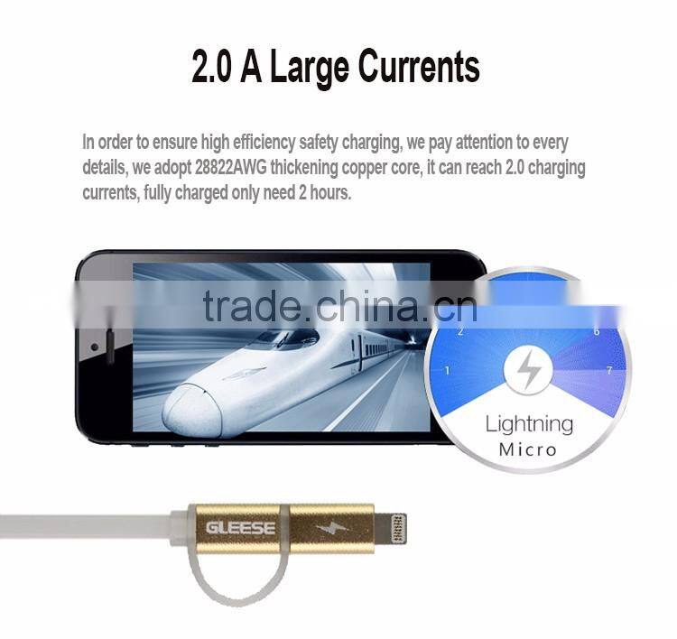 Gleese New Original 2 in 1 Micro USB Flat Cable 1M Data Sync Charging USB Cable For iphone 5S/ 6 Plus Samsung