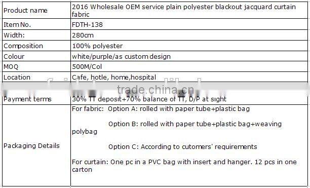 2016 Wholesale OEM service plain polyester blackout jacquard curtain fabric