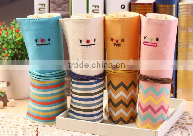 Korea style smile face roll up school pencil bag/pencil case with rope