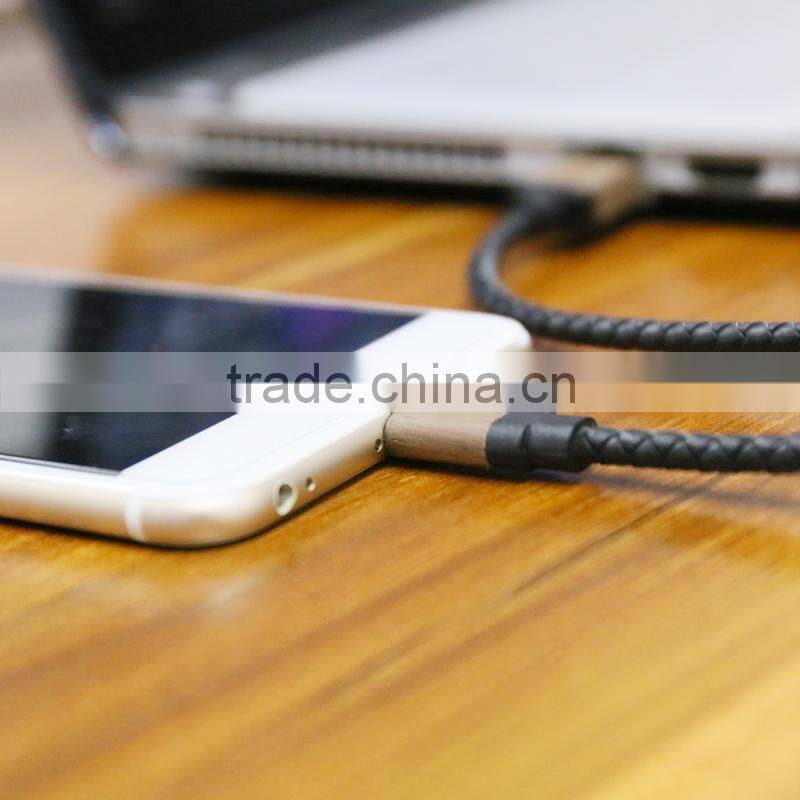 New Arrivel Wooden Shell USB Cable Round Leather Charging Cable For iphone5/5S/6/6Plus/ipad Date Cable