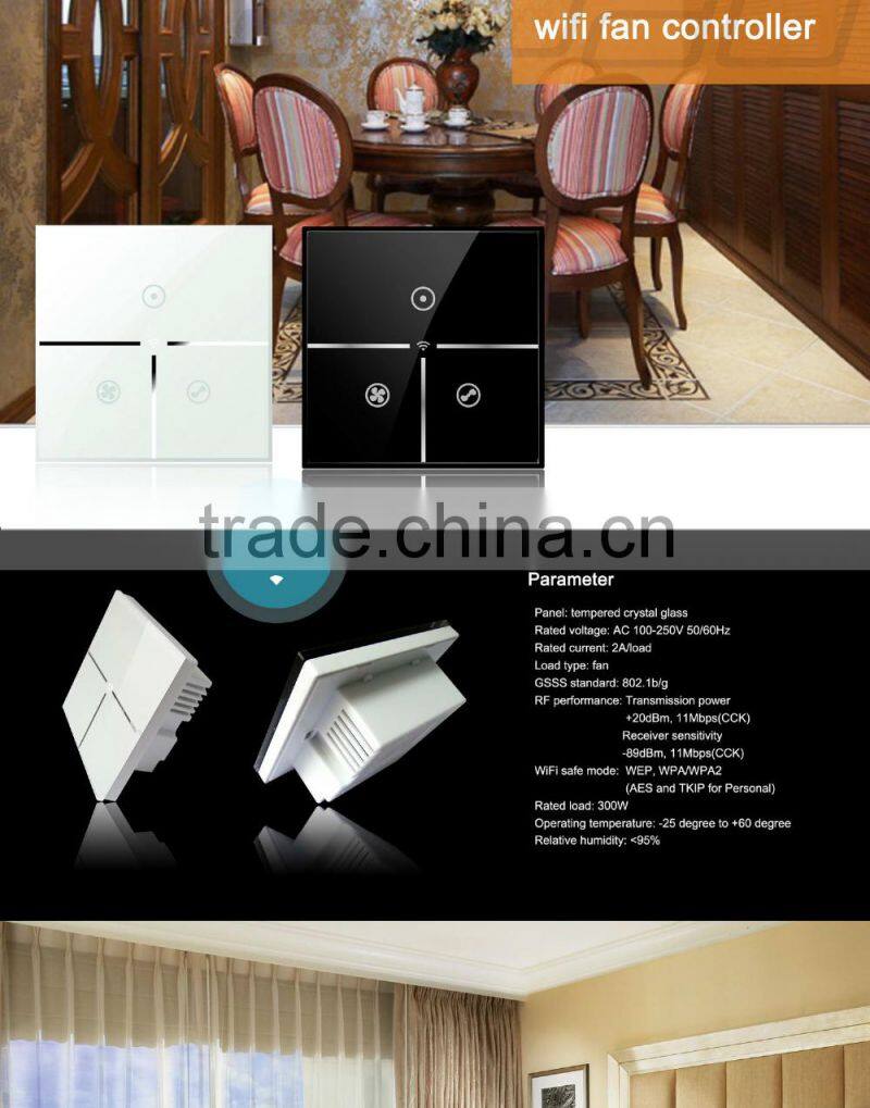 Hot Sales Wallpad White Glass LED 110~250V Wireless 3 Gang Wifi Electrical Power Remote Control Speed Rotary Fan Wall Switch