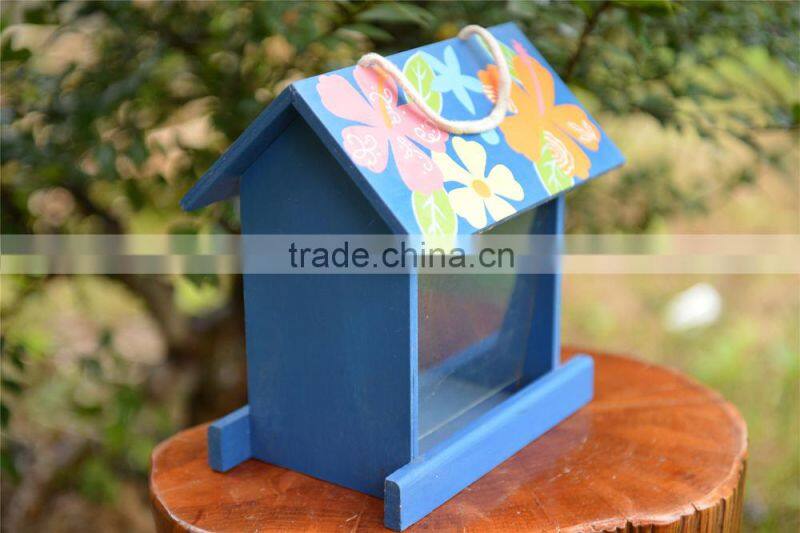 OEM and FSC blue wooden bird feeder painting bird case