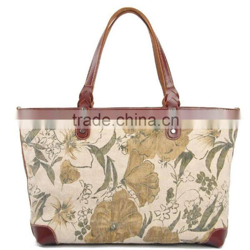 Heavy washed canvas leather flower printing shopping bag ladies canvas bag tote bag
