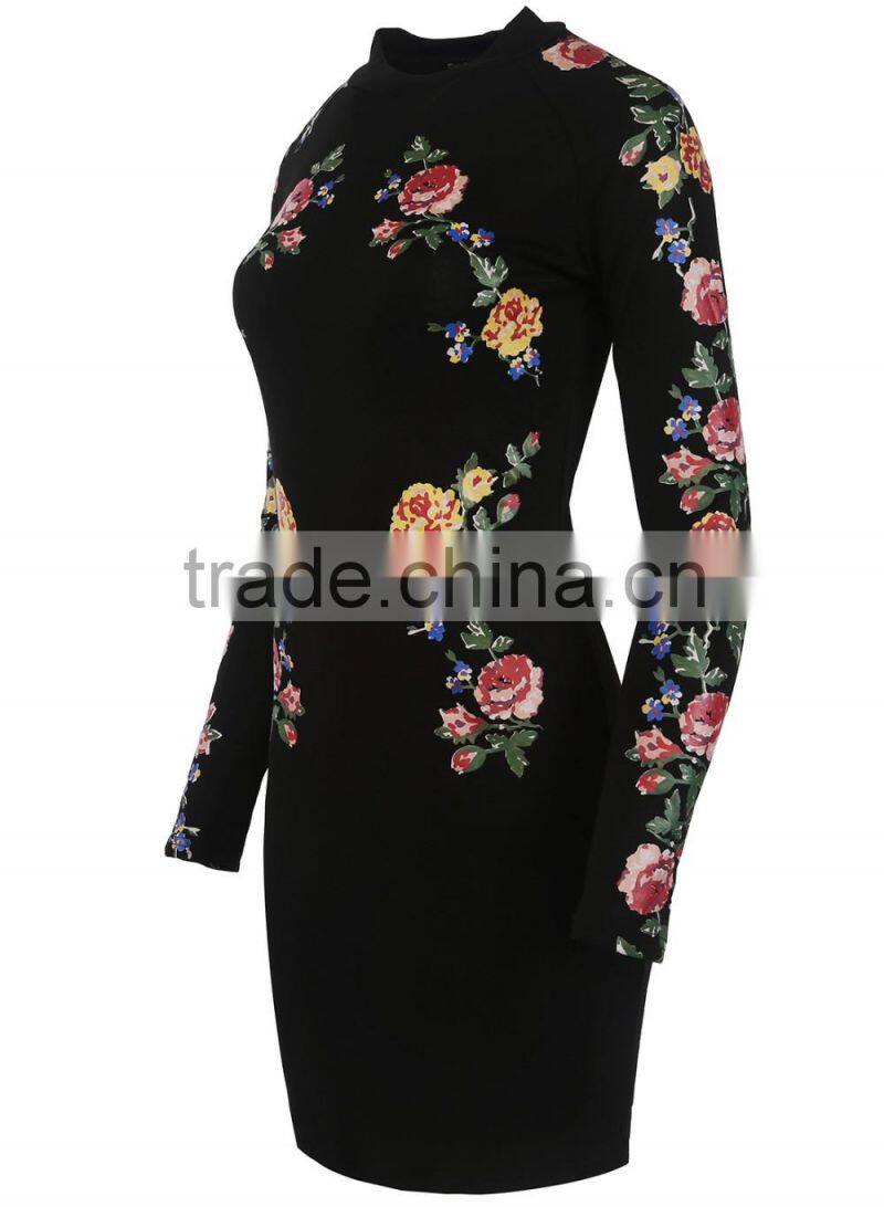 2016 Autumn New Arrival 3D Floral Print Stand Collar Bodycon Dresses Black Long Sleeve Midi Dresses OXL141117