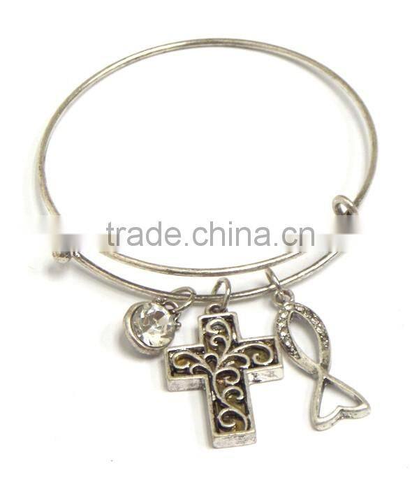 cross charm adjustable wire religious bangle bracelet