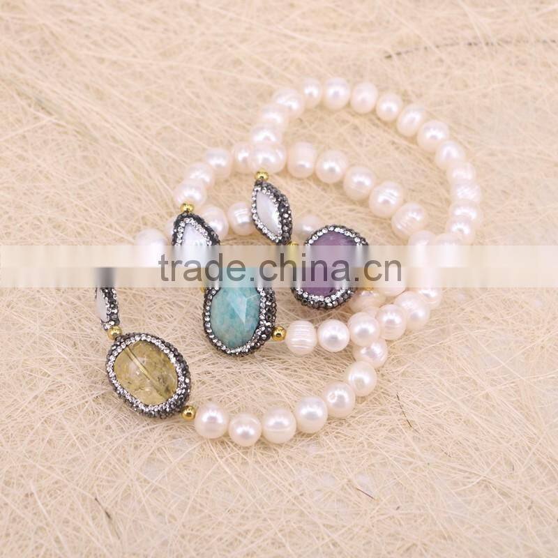 Freshwater Pearl Beads with Rhinestone Crystal Gemstone Connector Spacer Beads Bracelets, Pearl Jewelry Druzy Bracelet