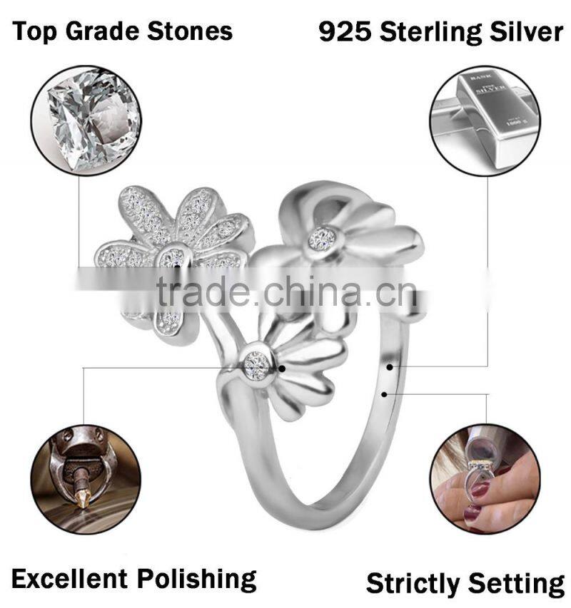 2015 wholesale 925 sterling silver ring three sunflower pave setting ring