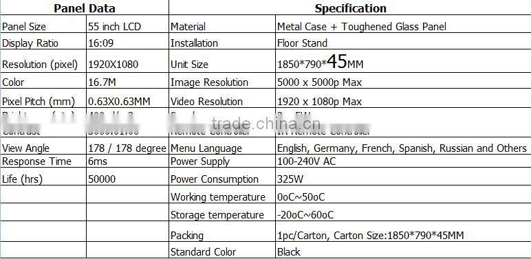 Indoor floor standing lg screen 55 inch interactive multi touch table/elevator lcd video multimedia display screen
