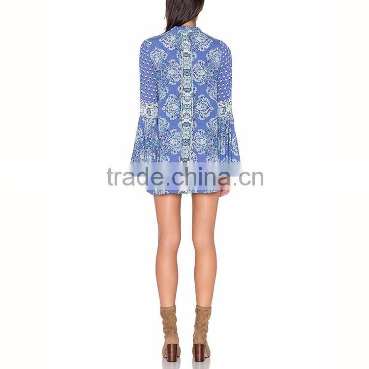 Online shopping woman flare long sleeve woman print shirt mini dress with chain