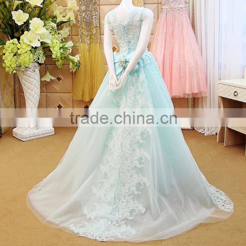 2016 Latest Princess Style Ball Gown Evening Dresses Lace Applique Bow Sash Sexy See Through Robe Longue Femme Soiree ML175