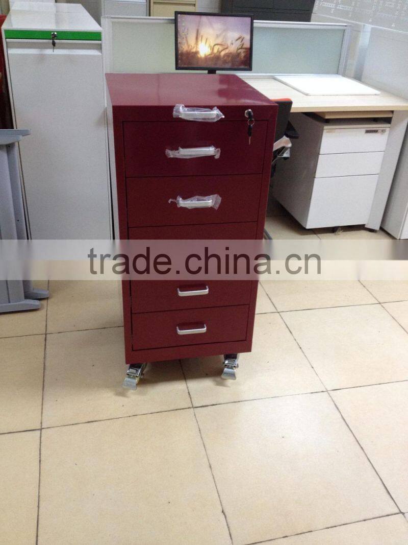 Red metal mobile pedestal with wheels cashier cabinet