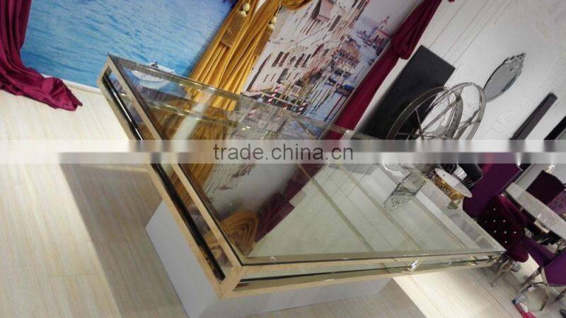 New design golden glass top wedding table with crystal
