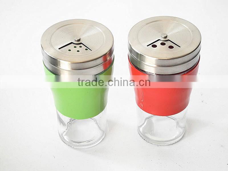 colorful glass condiment bottle with rotating hole lid metal cover