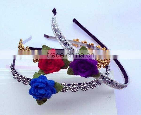 China Alibaba cheap new design custom hair band plastic girl headband with felt spring rose flower bow for baby toddler children