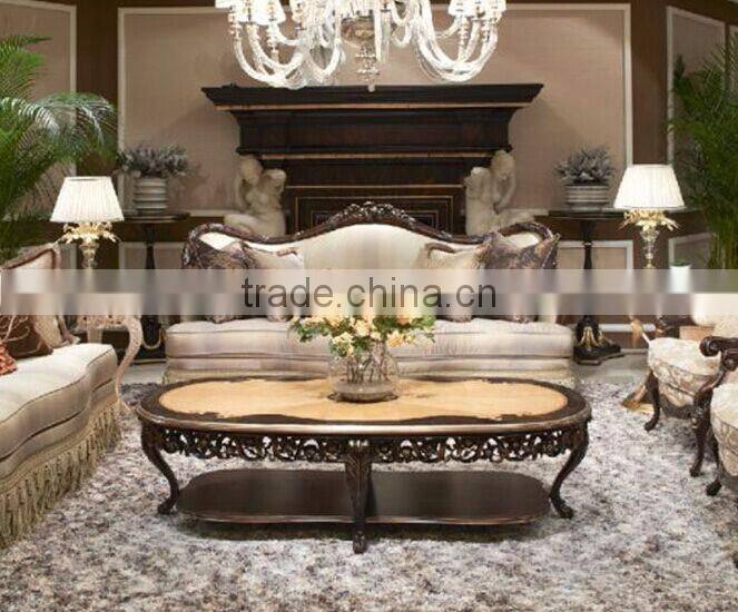 Elegant Stylish French Baroque Design Solid Wood Carving Floral Oval Coffee Table with Marquetry Inaly Table Top BF12-03284d