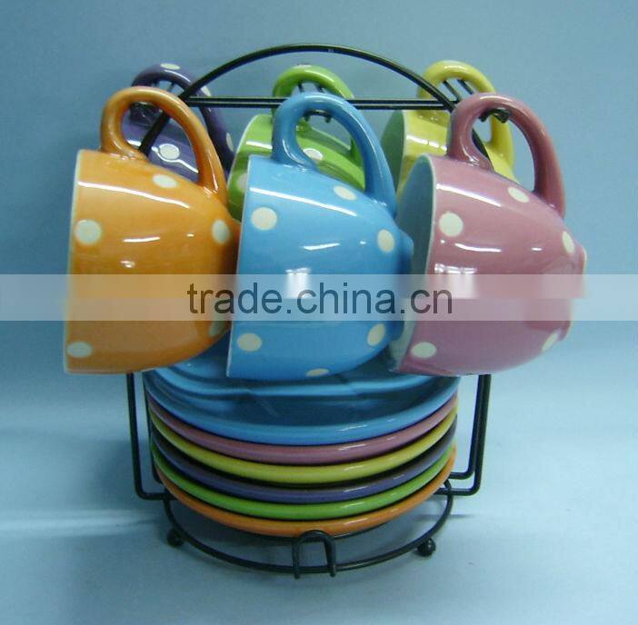 Hand printing ceramic coffee mug set with metal stand