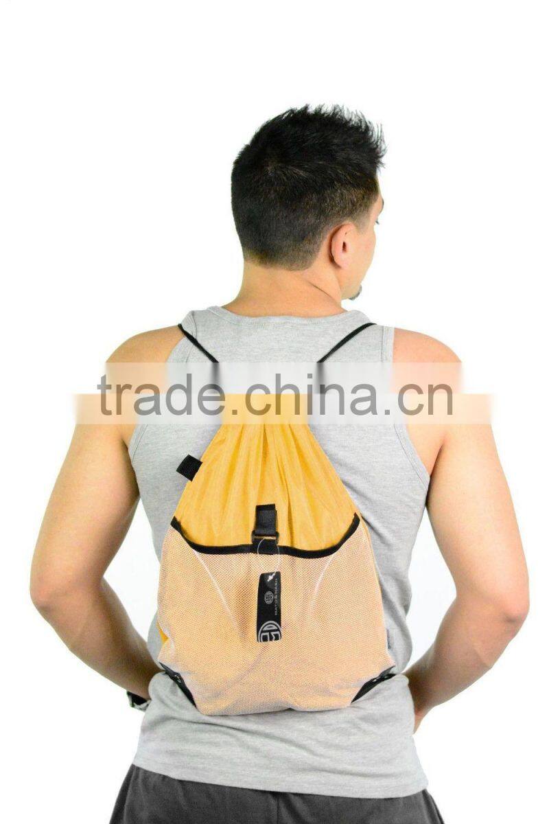 Promotional Custom Designed Mesh Drawstring Backpacks/Wholesale string bags with front mesh pockets
