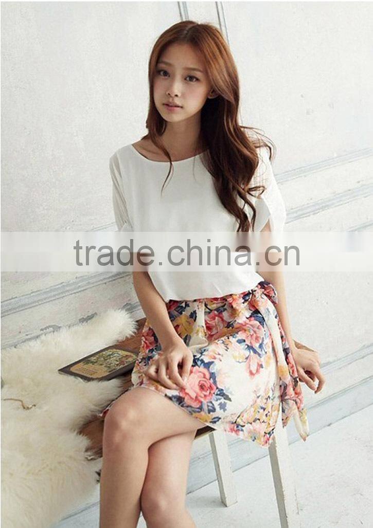 Womens Charming Crewneck Chiffon Short Sleeve Floral Casual Clothing Dress Summer Dress 2016