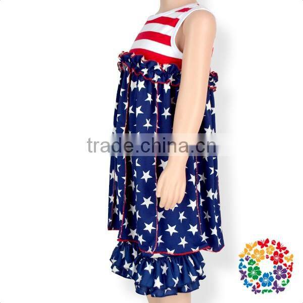 July 4th Party American Flag Wear Dresses For Girls White Red Striped Baby Girl Cotton Dresses Wholesale National Day Kids Dress