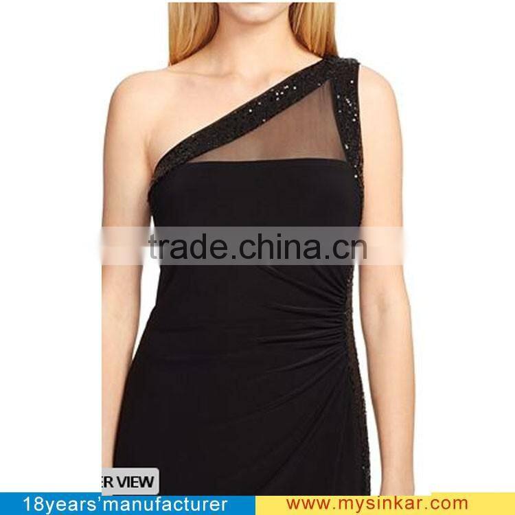 2016 latest women black elastic jersey with mesh Stretchy one Single Shoulder sexy split long Prom Gown Evening Dress