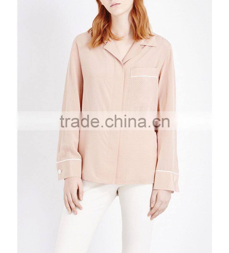 Wholesale Women Newest Collar Long Sleeves Buttoned Cuffs Polka Dot Printed Silk Shirt(DQE0155T)