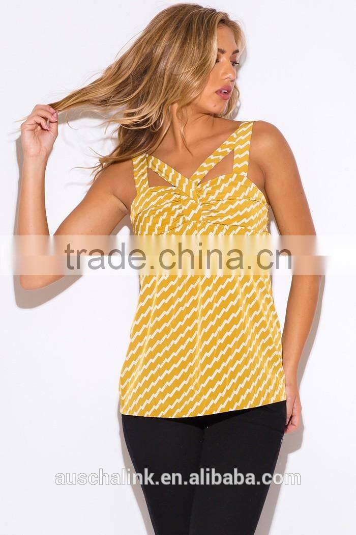 trendy woman yellow chevron print cut out party bulk tank top