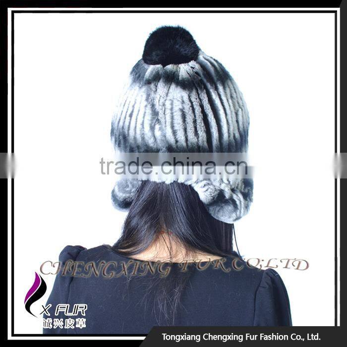 CX-C-116H Hand Knitted Beanie With Fur Ball Stock Rex Rabbit Fur Ladies Hats