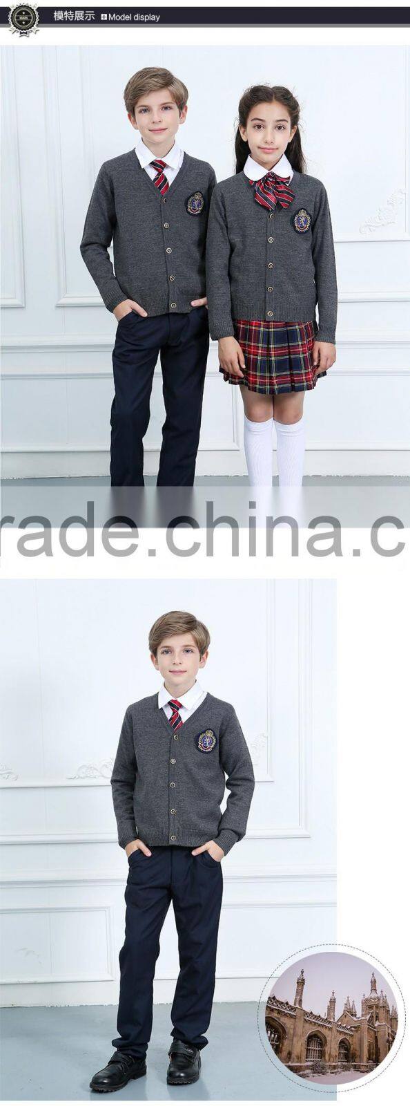 British style cardigan kids sweater 100% cotton primary school uniform designs