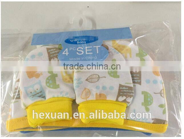 OEM or Stocked ,4pcs/set Newborn baby double hat, 2 pieces + protective gloves, 2 pairs of cotton, 4 pcs each set